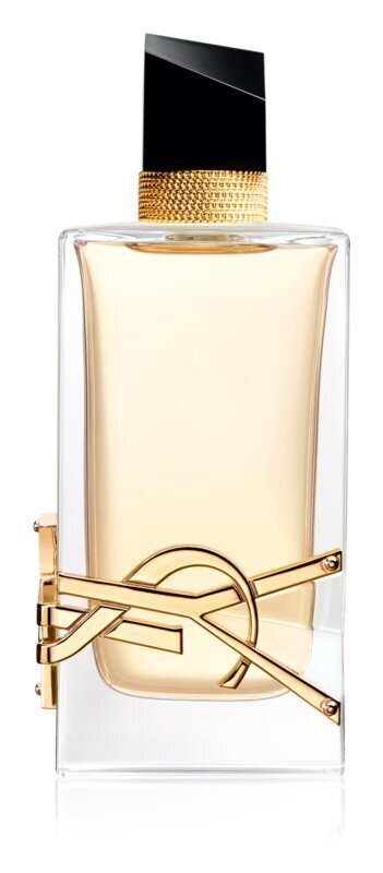 Saint Laurent Libre Eau de Parfum bottle with a clear glass body, pale amber liquid, a gold-tone YSL logo on the front, and a black cap, shown on a white background.